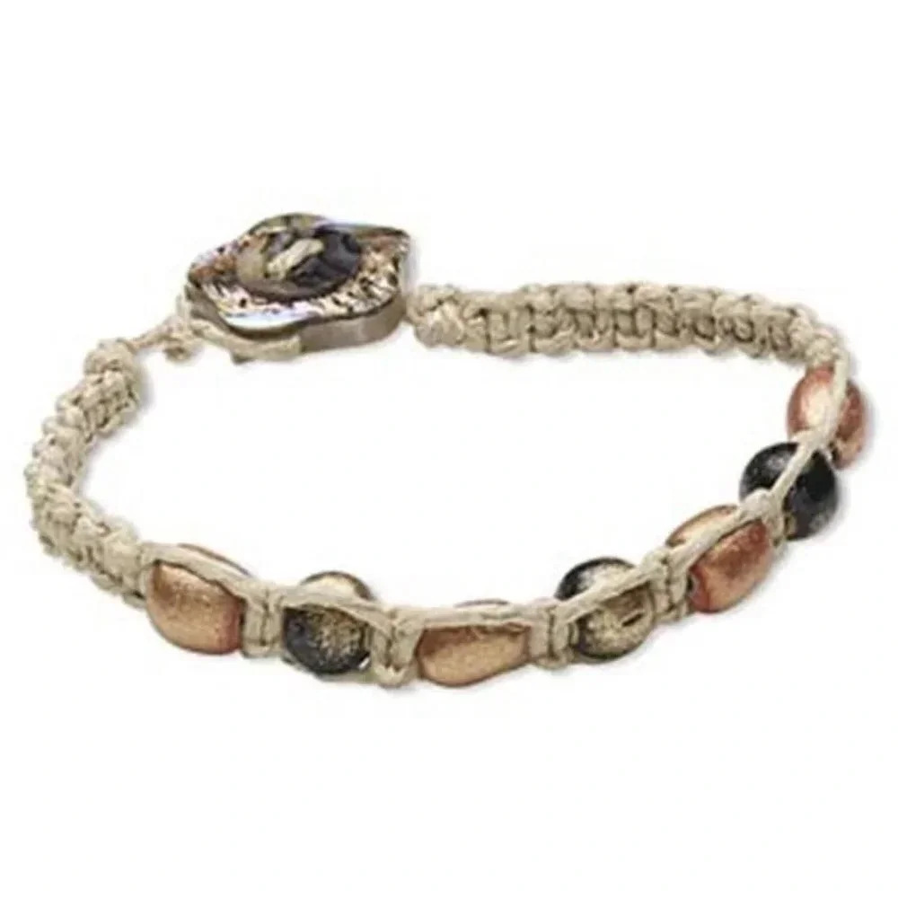 Handcrafted Ethnic Philippines Tambabawod Wood Paua Shell and Hemp Bracelet